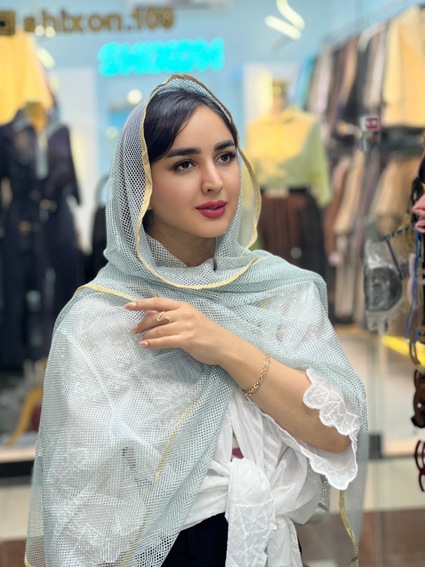 شال گیپور عنکبوتی سبز آبی لبه گاندوزی طلایی پری دریایی - استوک