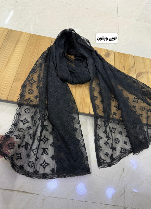 شال توری مشکی طرح دار حاشیه دانتل