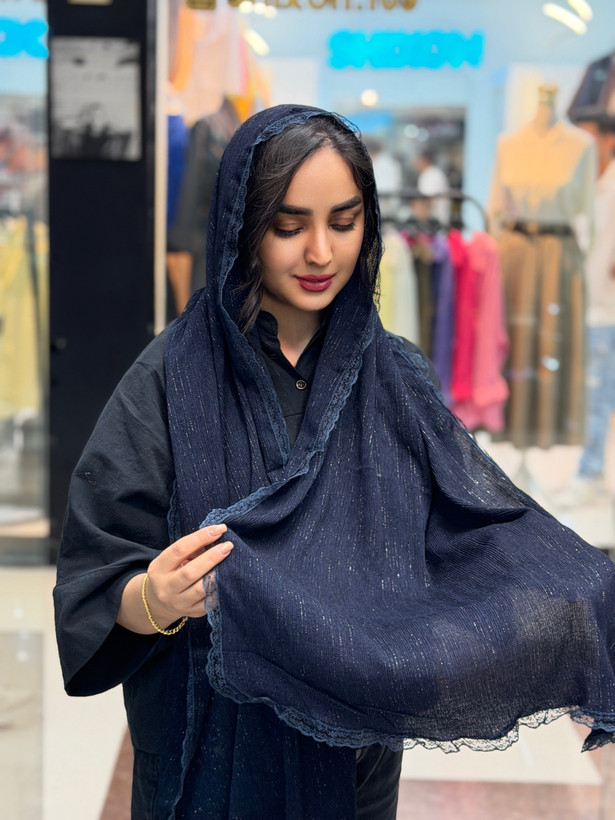 شال برشکا لمه حاشیه گیپور نرم سورمه ای و قهوه ای