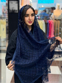 شال توری لبه دانتل طرحدار نگینی سورمه ای و قهوه ای