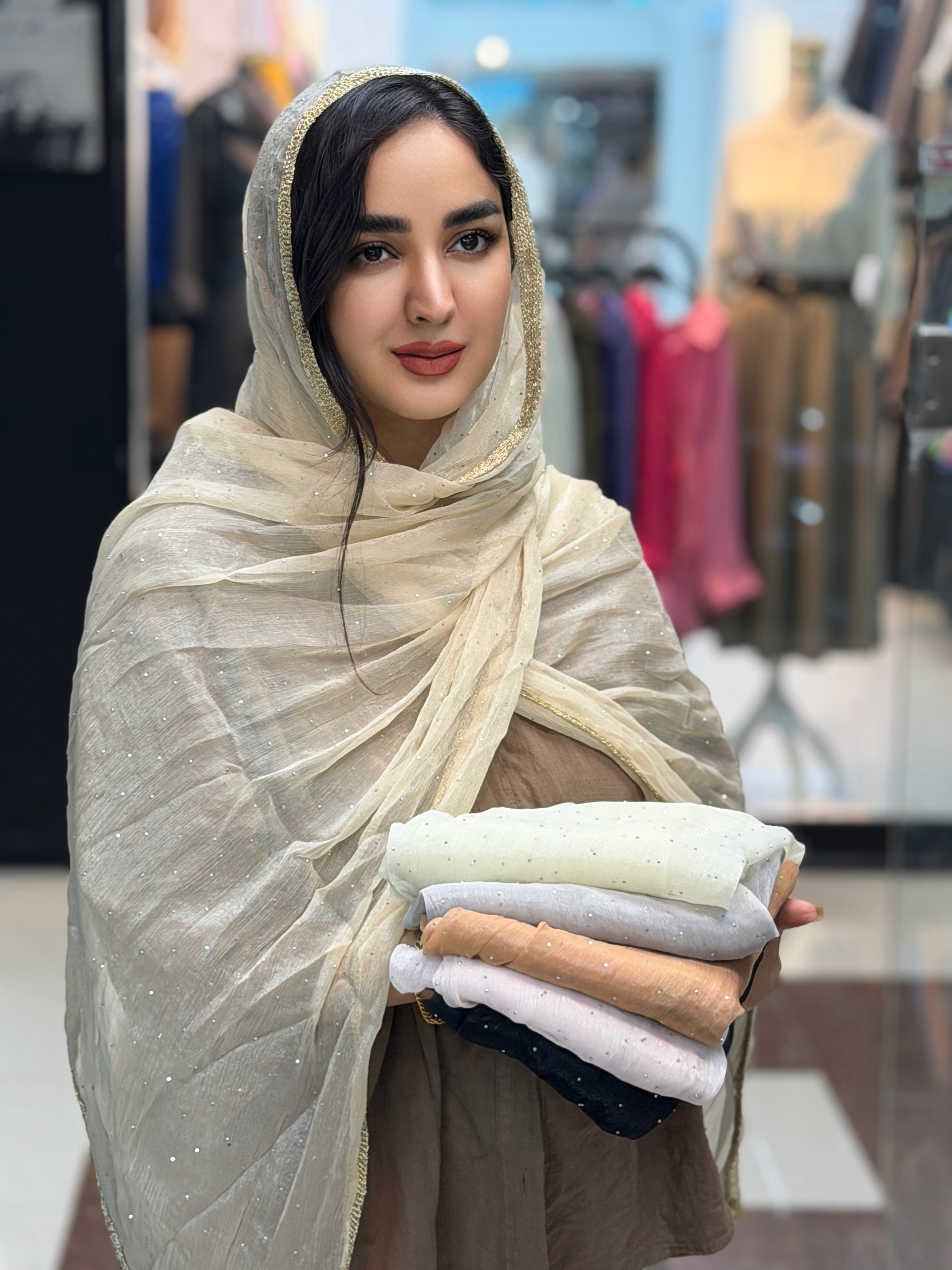 شال حریر کریستال فول نگین حاشیه نوار لمه وارداتی