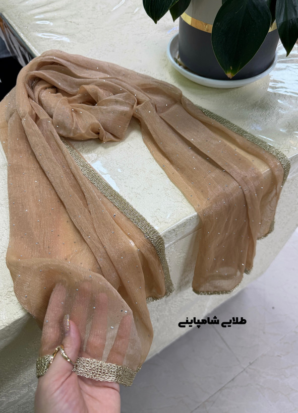 شال حریر کریستال فول نگین حاشیه نوار لمه وارداتی