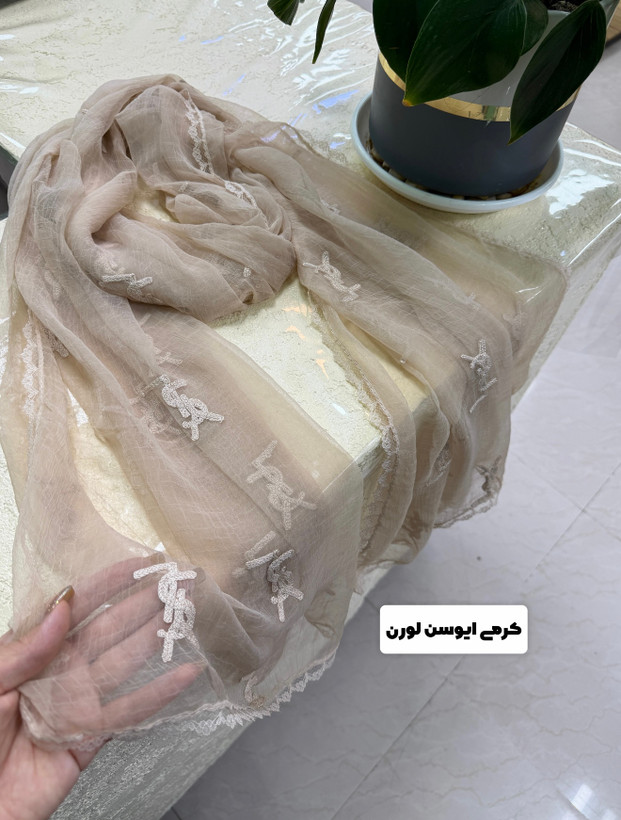 شال حریر کریشه خامه دوزی با حاشیه دانتل وارداتی